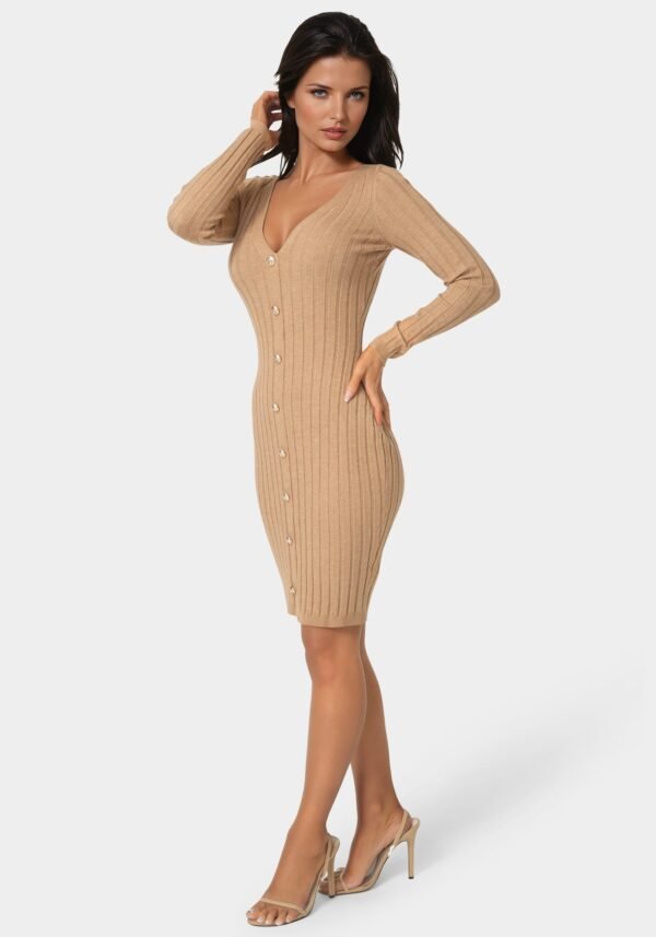 bebe2110_camel_2_ac2650e1-c50e-4107-bde1-9190302f45b0 V-Neck Cardigan Midi Dress