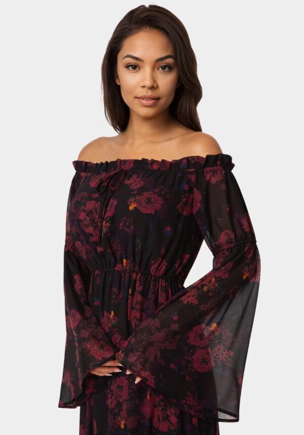 bebe2151_dark-red_4_c159070c-a7c0-4584-b3c6-3df7db5fc9bb Off the Shoulder Bell Sleeve Maxi Dress