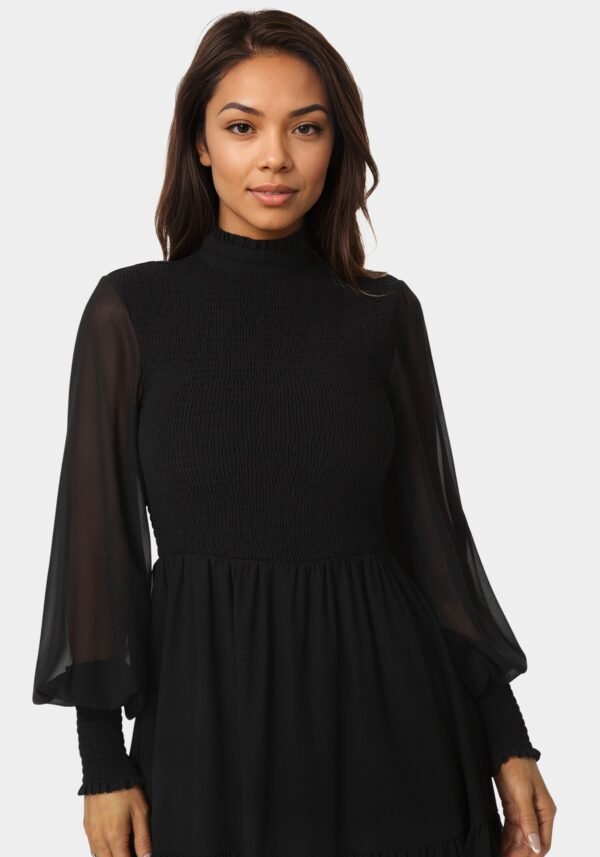 Long Sleeve Mock Neck Chifon Smocked Mini Dress