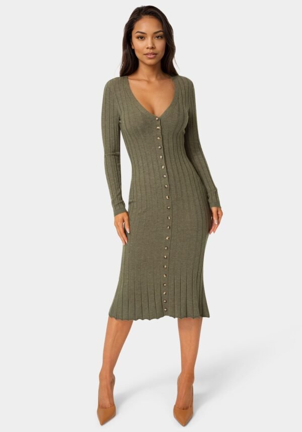 bebe2165_olive_1_62100b6c-9831-406a-bae8-644d58e601c1 Button Front V-Neck Sweater Midi Dress
